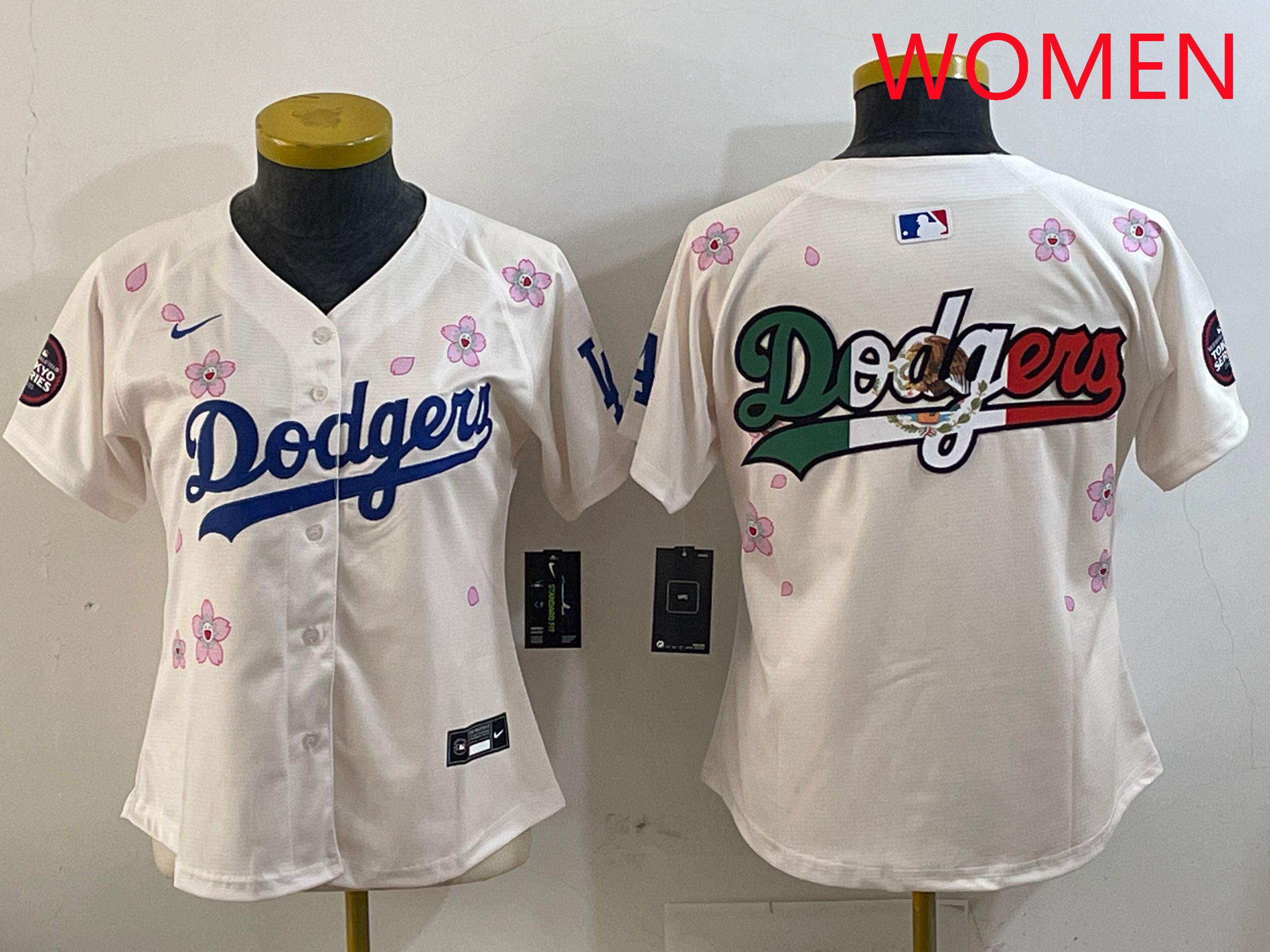 Women Los Angeles Dodgers Blank Cream Sakura Edition 2025 Nike MLB Jersey style 7->women mlb jersey->Women Jersey